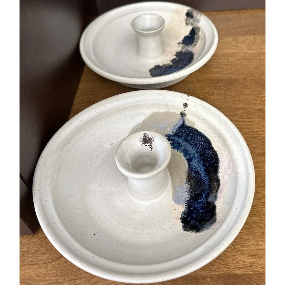 Candle Holder Studio Art Handmade Pottery White Cobalt Pair (2) 6